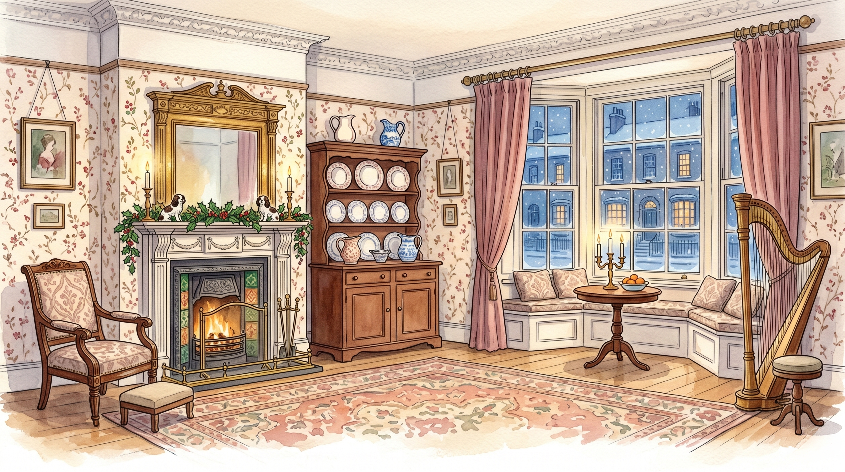 Warm storybook scene of a festive Victorian parlour with a harp and a snowy bay window — a projected stage backdrop for a school production of A Christmas Carol.