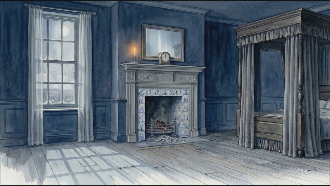Animated storybook illustration of Scrooge's bedroom by moonlight, with a four-poster bed, fireplace edged in blue Delft tiles and a tall sash window. Candles flicker and mist drifts gently through the scene.