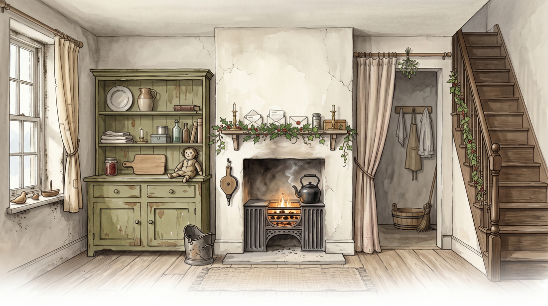 Animated storybook illustration of Bob Cratchit's home with a green dresser, fireplace and wooden staircase