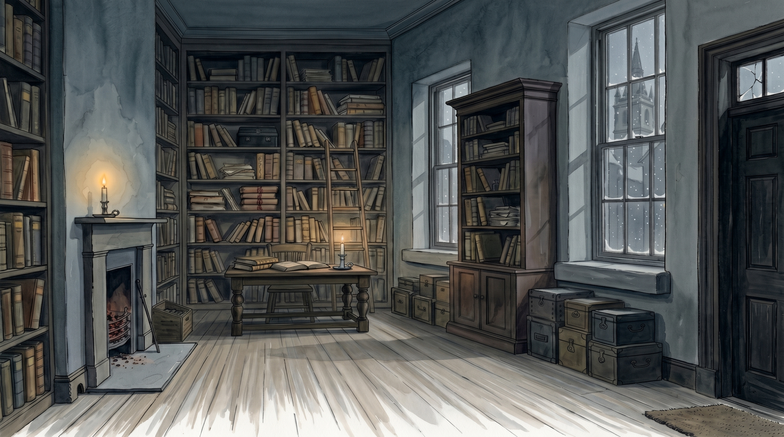 Storybook scene of Scrooge's dusk-lit office on Christmas Eve, with packed bookshelves and a snowy church beyond the window, a projected stage backdrop for a school production of A Christmas Carol.