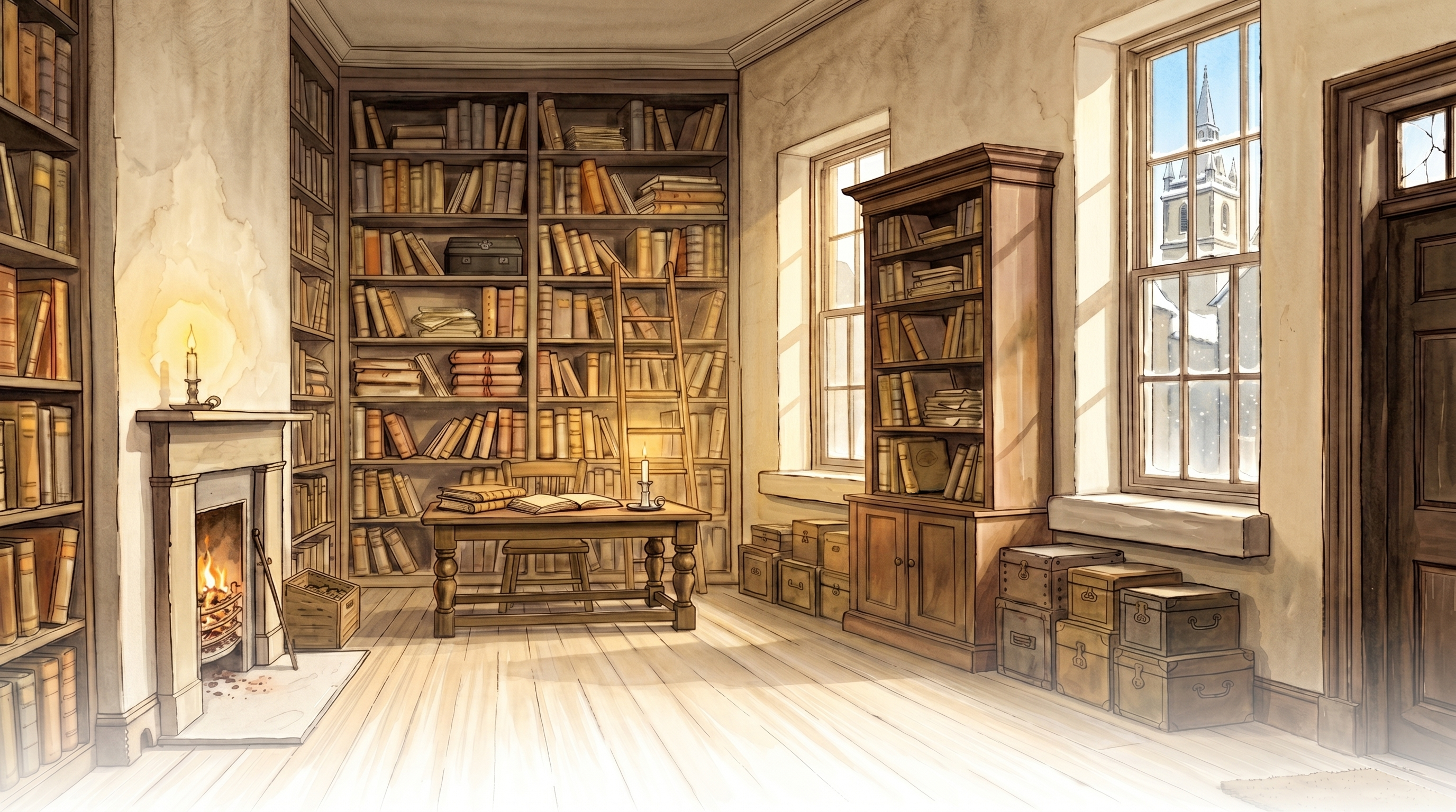 Warm storybook scene of Scrooge's sunlit office on Christmas morning — a projected stage backdrop for a school production of A Christmas Carol.